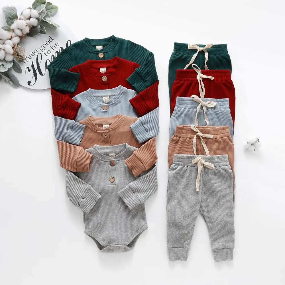 Baby Girl Boy Spring Autumn Ribbed/Plaid Solid Clothes Sets Long Sleeve Bodysuits + Elastic Pants 2PCs Outfits Baby Girl Summer