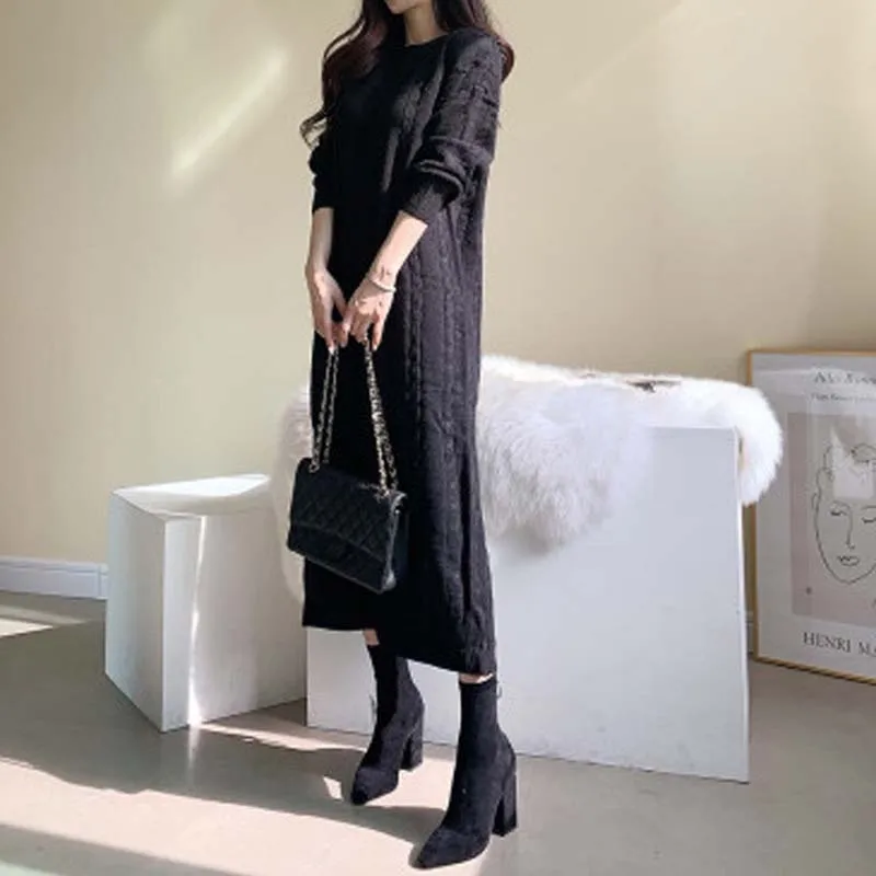 

Korean Chic Loose Thicken Knitting Sweater Women Dress O Neck Long-Sleeve Knit Twist Dress Female Winter One-Piece Dress 2020