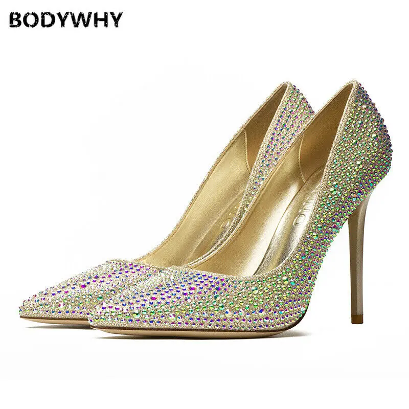 

Женские туфли-лодочки на высоком каблуке со стразами и острым носком