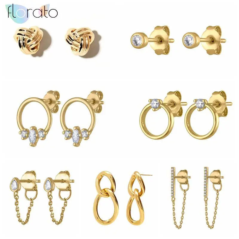 

925 Sterling Silver Ear Needle CZ Stud Earrings For Women Simple Geometry Circle Earrings Korean Chain Earrings Jewelry Gift