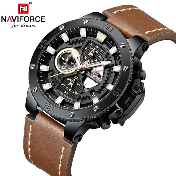 NAVIFORCE часы, топ бренд, Роскошные военные кварцевые часы для мужчин, хронограф, кожа, водонепроницаемые часы, мужские часы - Цвет: Black Brown No Box