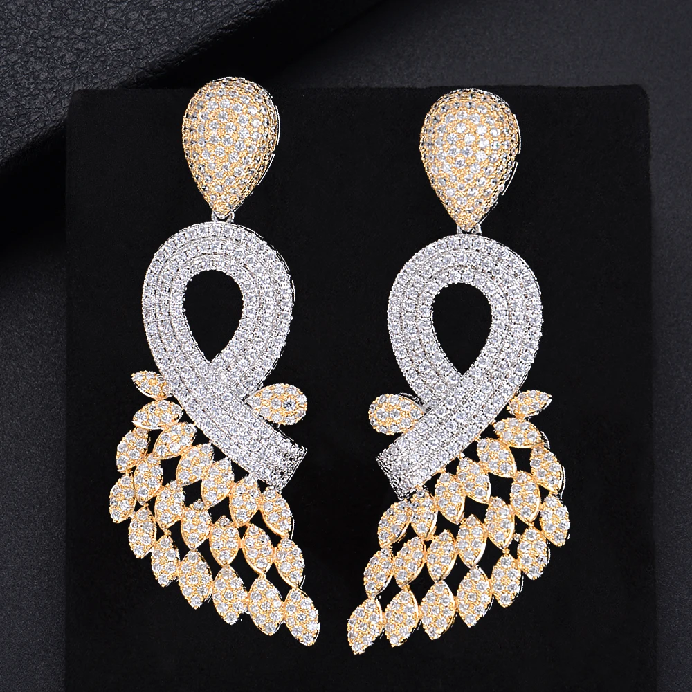

LARRAURI 2020 New Luxury Full Mirco Paved Cubic Zirconia Earring Leaves Flower Naija Wedding Drop Earring Fashion Jewelry