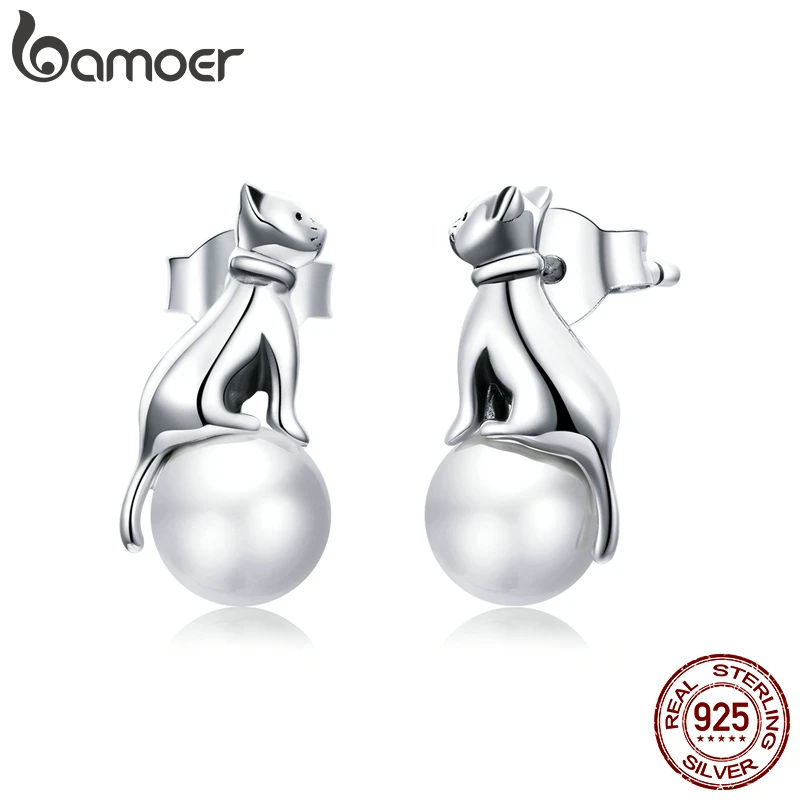 Женские серьги гвоздики bamoer серебряные с милым котом из стерлингового серебра 925