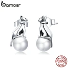 Серебряные серьги-гвоздики bamoer с милым котом, серьги из стерлингового серебра 925 пробы с нежным животным для женщин, Свадебные обручальные жемчужные жемчужины SCE1004
