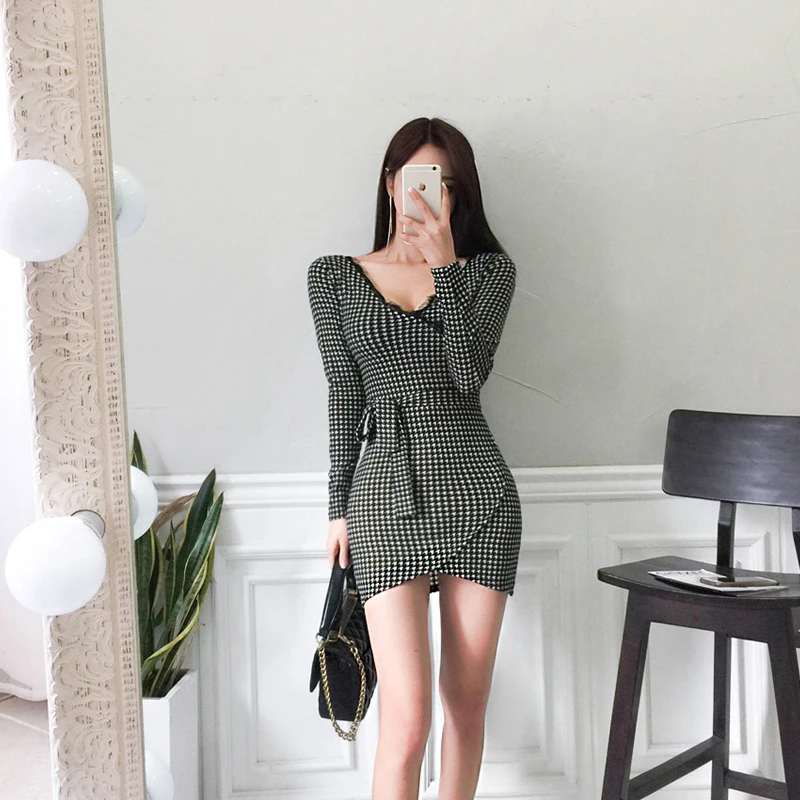 Женское облегающее платье с V образным вырезом и длинным рукавом|Женские платья| |