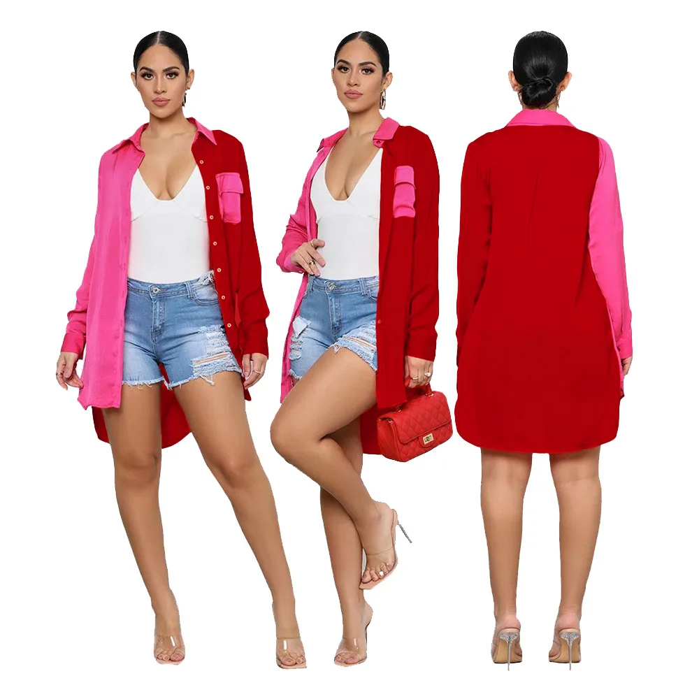 

Женские рубашки в стиле пэчворк с длинным рукавом и отложным воротником, однобортная свободная прямая Длинная рубашка с карманами, повседн...