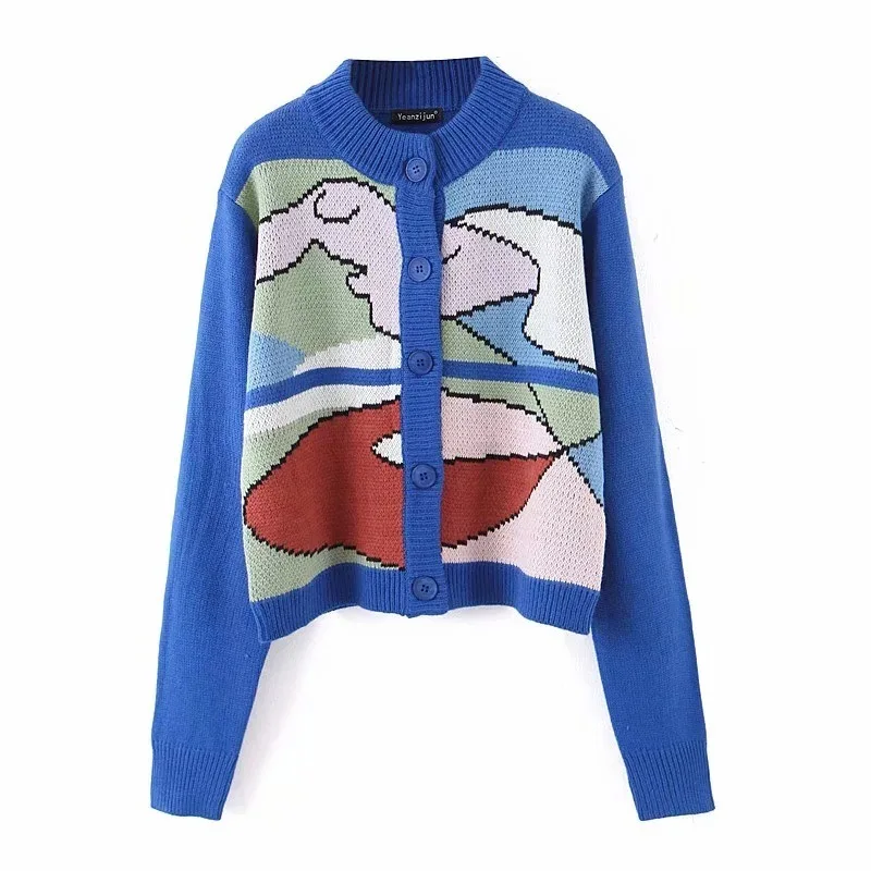 

Модный однобортный вязаный кардиган в стиле ретро с граффити и круглым вырезом, женский осенне-зимний новый облегающий свитер с длинным рук...