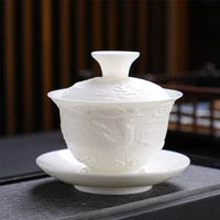sheep fat jade white porcelain dragon and phoenix relief cover bowl high white porcelain cover bowl tea maker puer tea set