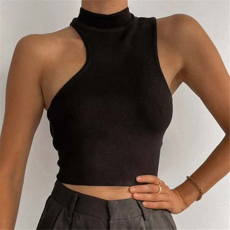 

Thin Solid Color Knitted Irregular Short vest Off-the-Shoulder Base Shirt Women