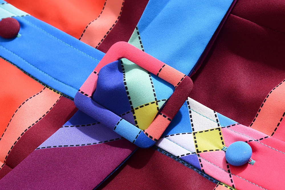 

Spring Dress Women 2020 Fashion Classy Patchwork Turn Down Collar Wrist Length Sleeves Slim Belted Pleated Dress Mid-Calf Length