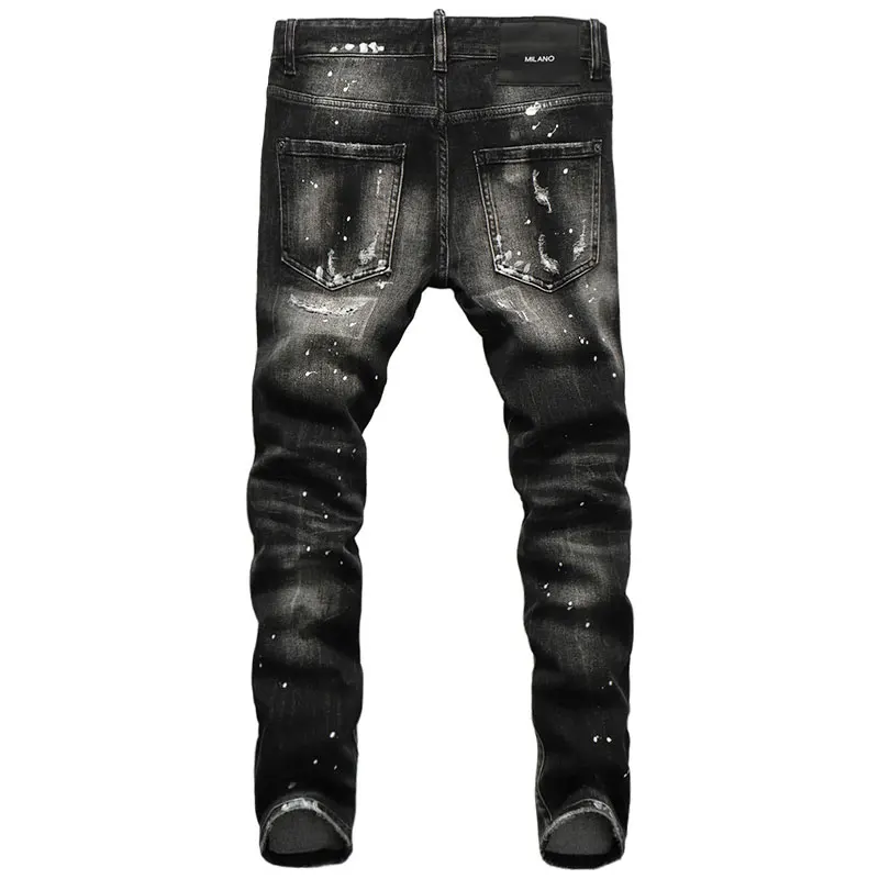 European American Street Fashion Men Jeans Retro Black Gray Destroyed Slim Ripped Jeans Men Designer Hip Hop Denim Punk Pants