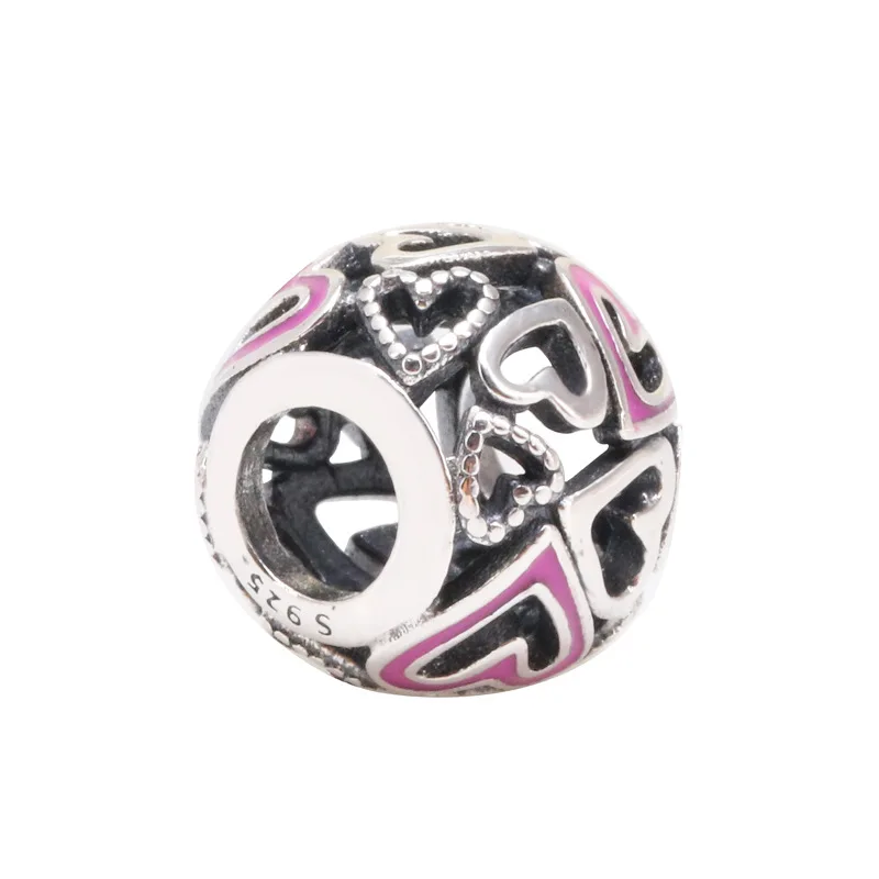 

DoDoFly Authentic S925 silver Hand-painted love pink hollow beads Fit Original Charms Bracelet Necklace DIY Jewelry Making