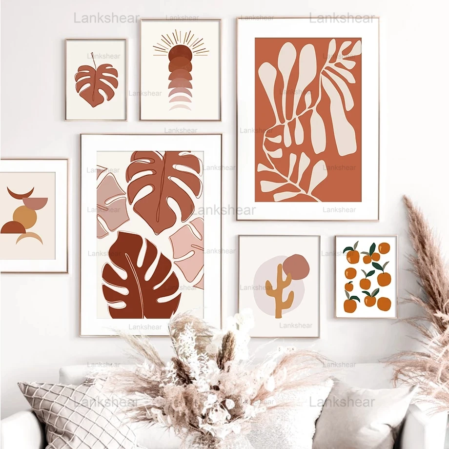 

Abstract Geometric Canvas Painting Monstera Cactus Orange Wall Art Posters and Prints Pictures for Living Room Home Decoration