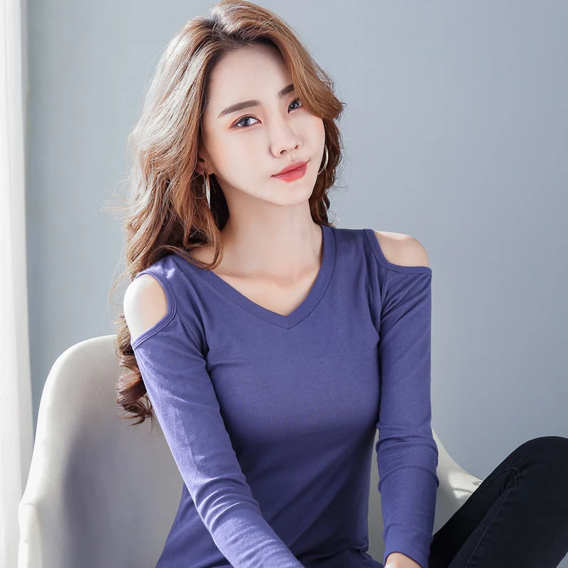 Белая футболка с длинным рукавом женские топы повседневная черная v-образным