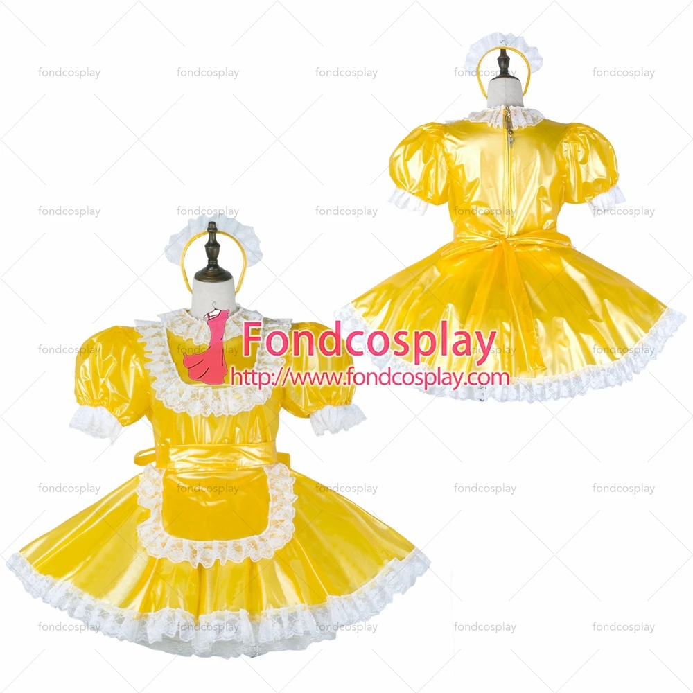 

fondcosplay adult sexy cross dressing sissy maid short yellow clear pvc dress lockable Uniform apron costume Tailor-made[G2282]