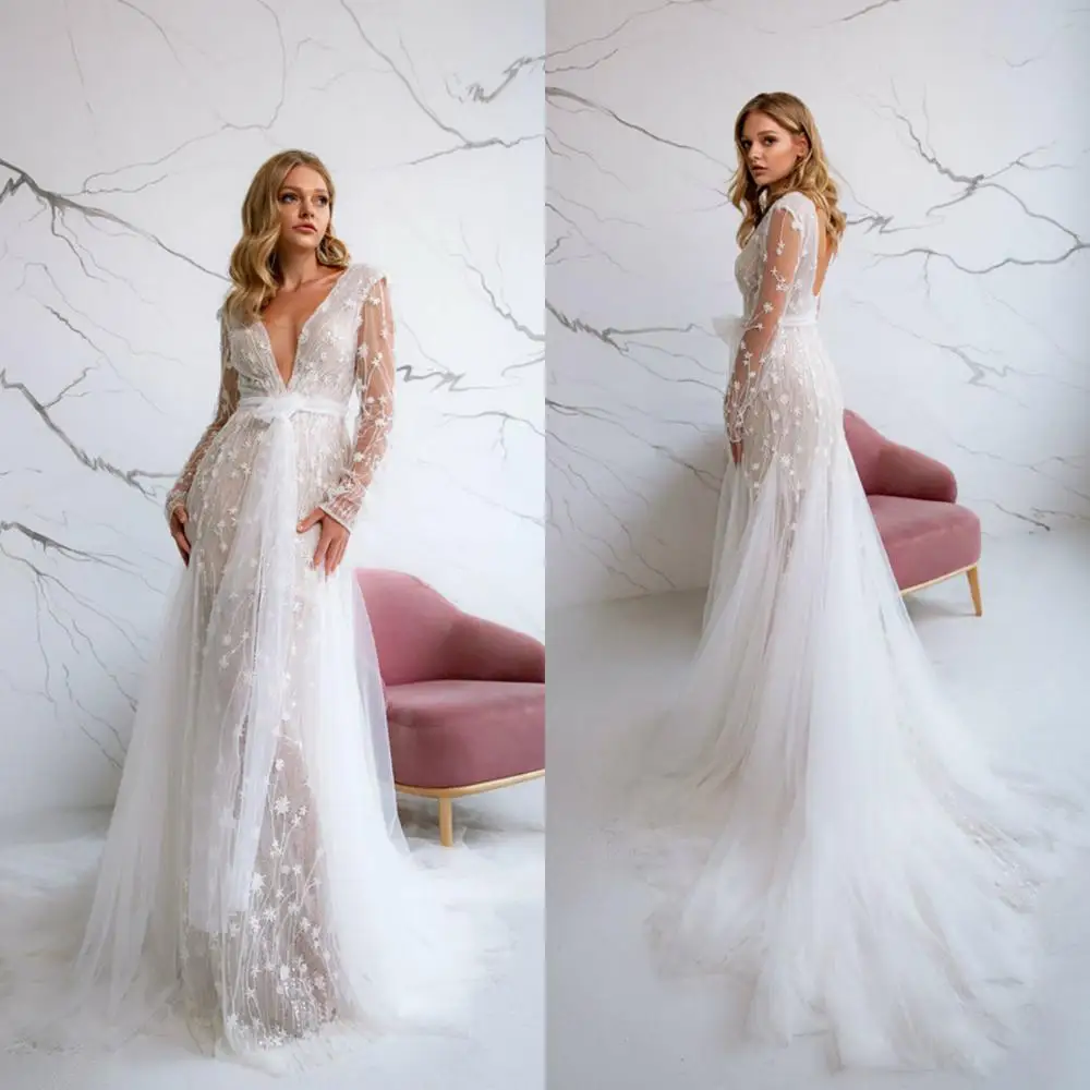 

2020 A Line Wedding Dresses V Neck Long Sleeves Lace Appliques Beads Sequin Bridal Gowns Custom Made Sweep Train Wedding Dress