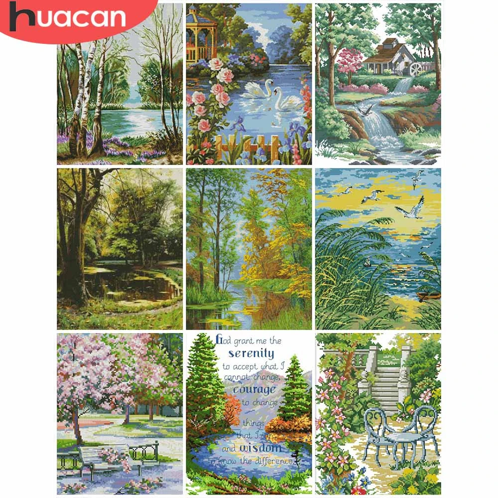 

HUACAN Embroidery Forest Sets Cross Stitch Landscape White Canvas 11CT 14CT DIY Gift Kits Home Decoration Needlework