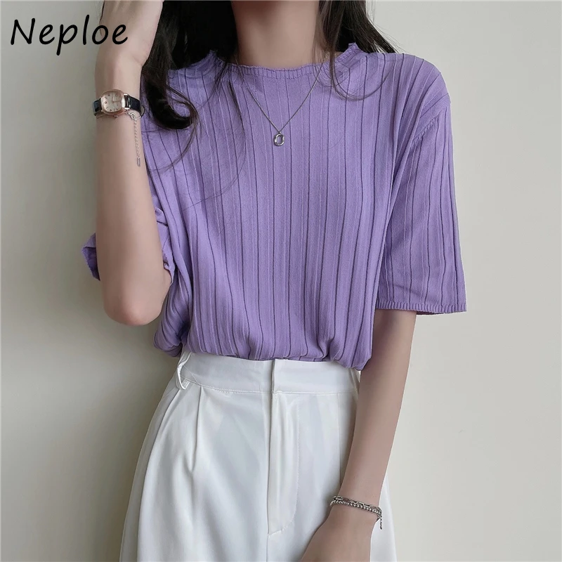 Neploe корейский пуловер с круглым вырезом Вязаная футболка коротким рукавом