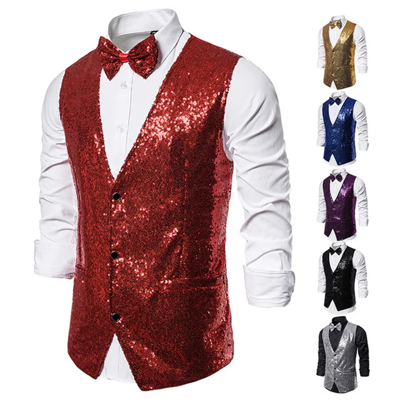 

Myloddy Men Shiny Gold Sequin Glitter Embellished Blazer Waistcoat Night Club Blazer Wedding Party Waistcoat Stage Singers Cloth