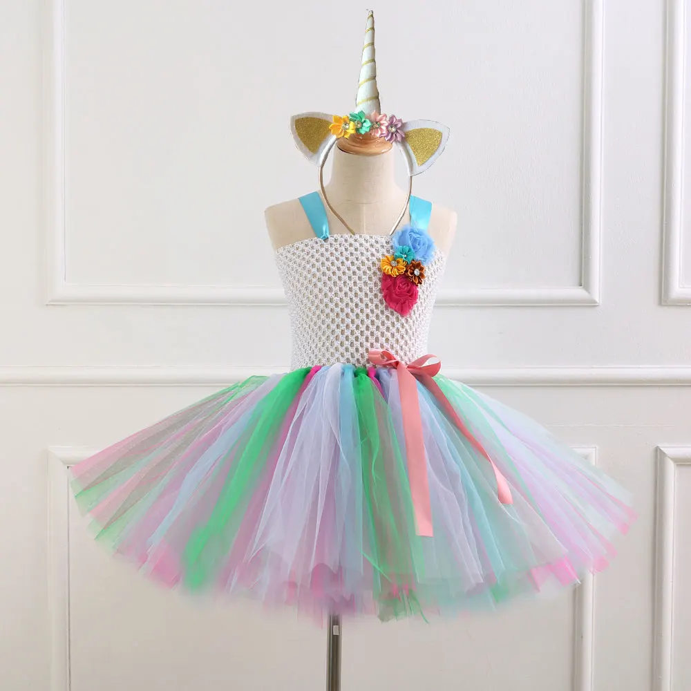 7 Style Flower Girls Unicorn Tutu Dress With Headband Fancy Girl Party Rainbow Tulle Princess Kids Halloween Costume | Детская одежда и
