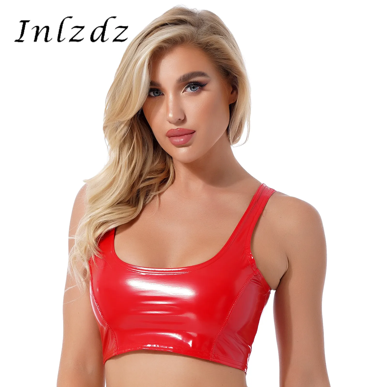 New Women's Sexy Clubwear Patent Leather Tank Tops Camisole Fashion Wet Look Sleeveless Crop Tank Tops U Neck Zipper Back Vest