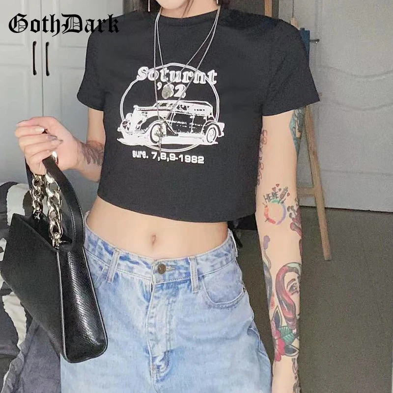

Goth Dark Mall Gothic Punk Black Summer TShirts Grunge Graphic Print Bodycon Women Crop Tops Short Sleeve Fashion Streetwear Tee