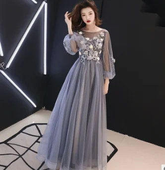 Vestidos de fiesta de noche Длинное Элегантное Вечернее Платье С v-образным вырезом из тюля с кружевной аппликацией А-силуэта Vestidos De Graduacion Esbride ES1018 - Цвет: Синий