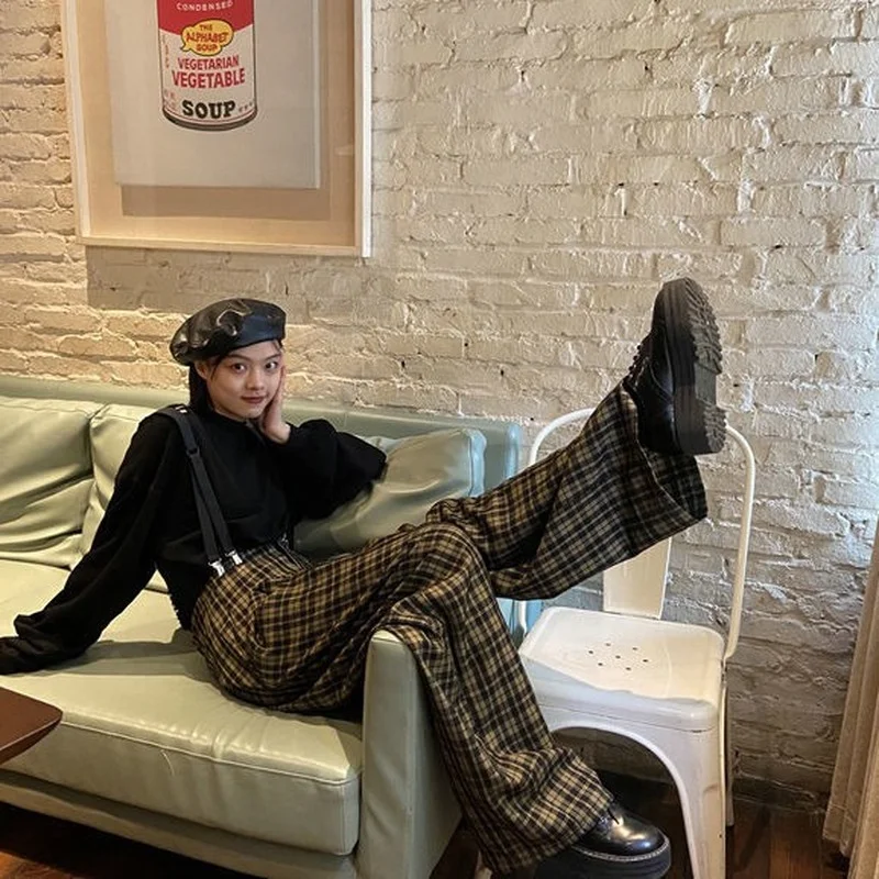 Повседневные брюки женские клетчатые Универсальные Длинные ретро-комбинезоны в