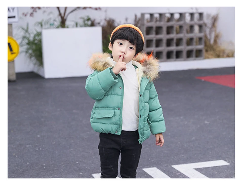 Winter Fashion Girls Big Fur Collar Down Jacket Cotton Boy Hooded Jacket Thickening Children's Warm Cotton Jacket 3-8 years old