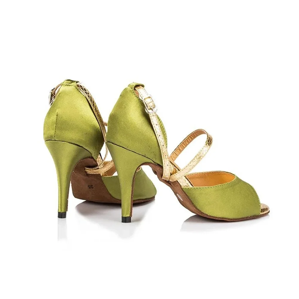 Women Dance Shoes Girls Satin 8.5cm Heel Ballroom Latin Dance Shoes Ladies Samba Tango Performance Salsa Sandals green Shoes