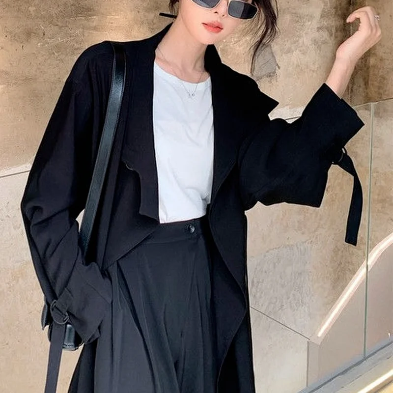 

Trench Women Solid Loose Casual Coats Trendy Elegant Long Sleeve Spring Black Overcoat Adjustable Waist Newly Clothes All-match