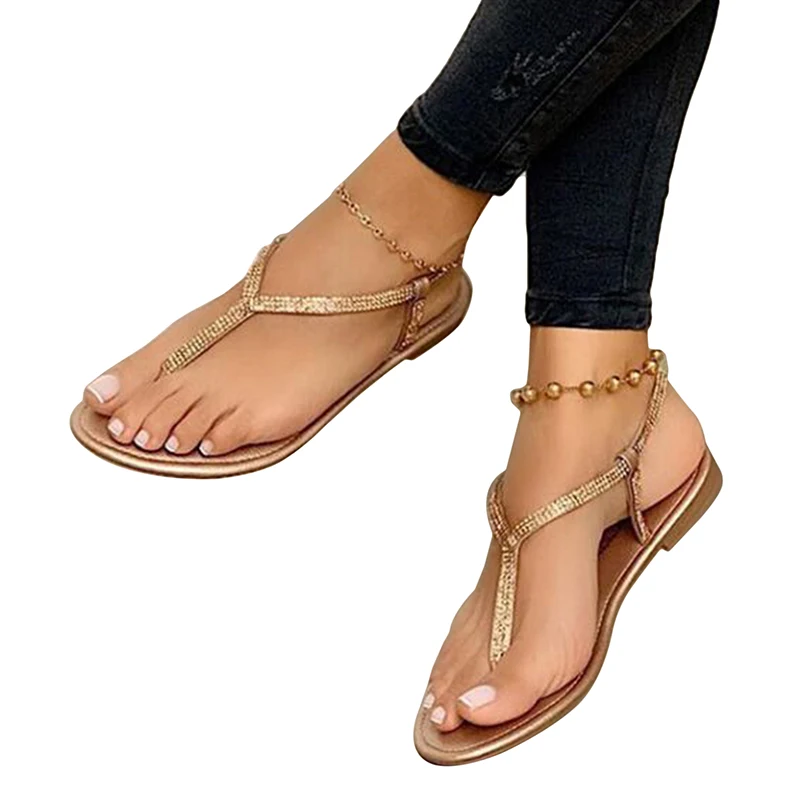 

Women's Shoes Summer New Rhinestone Flat Shoes Clip T-type Strap Roman Shoes Low Flat Sandals Women Plastic Sandals Beach
