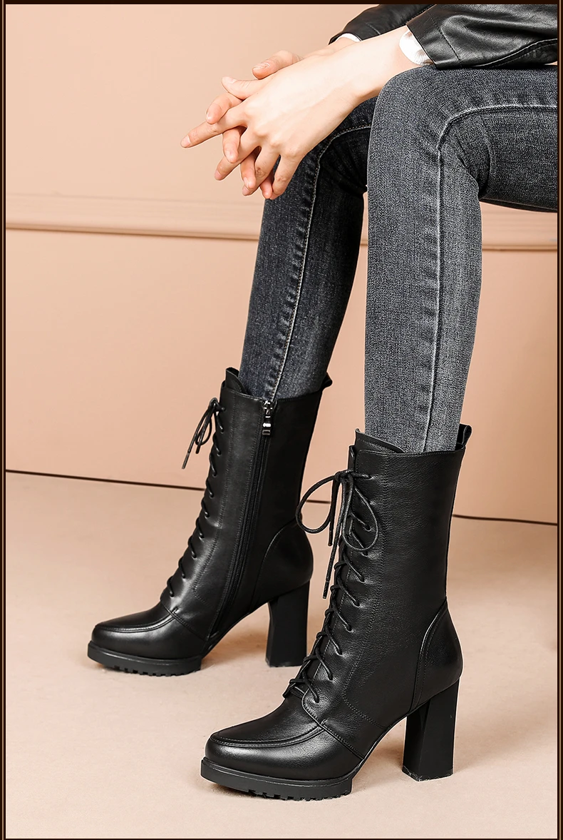 2022 Autumn and Winter High Quality Leather Boots Women's High Heel Knee High Boots Winter Fashion Lace Up Non Slip Warm Boots