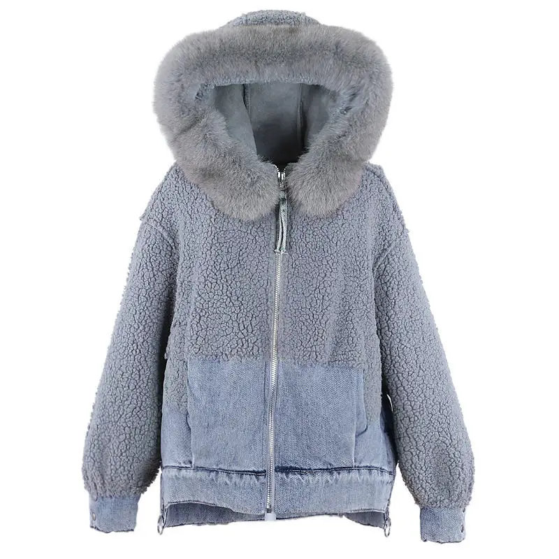 

2020 New Cotton -Padded Coat for Winter Short Women 's Denim Fleece Thicken Big Fur Collar Fur One Lamb Fur Coat Fashion Jacket