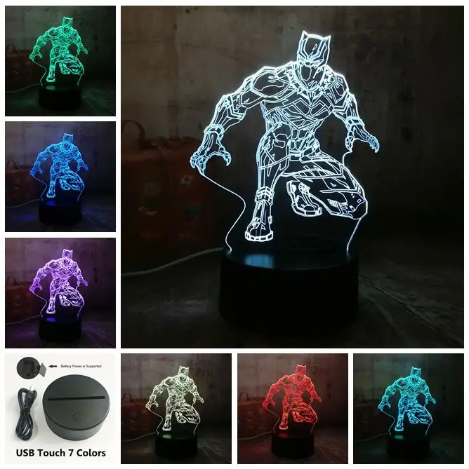 Прохладный черный пантера герой комиксов Marvel 3D светодиодный ночной Светильник RGB 7 цветов Настольная лампа для детей Детская одежда для мальчиков, подарок на Рождество, домашний декор - Испускаемый цвет: Touch one 7 Color