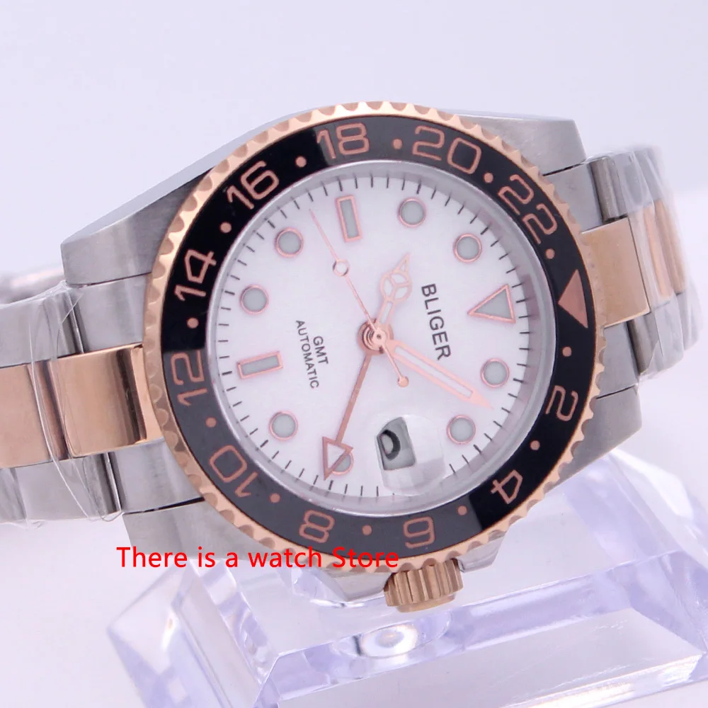 

Bliger 40 мм автоматические механические зеленые часы с сапфировым стеклом GMT светящиеся водонепроницаемые мужские наручные часы с календарем