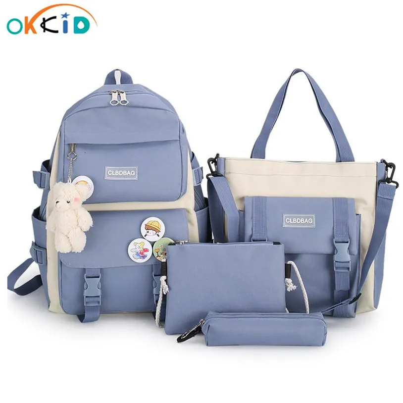 OKKID 5 шт./компл., парусиновые школьные сумки для девочек, Kawaii, студенческий рюкзак для колледжа, набор детских рюкзаков для книг, женский рюкза...