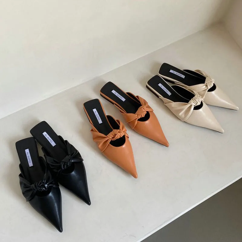 

2021 New Summer Women Slipper Elegant Bow-knot Pointed Toe Slip On Mules Shoes Ladies Flat Heel Casual Female Slides Flip Flop