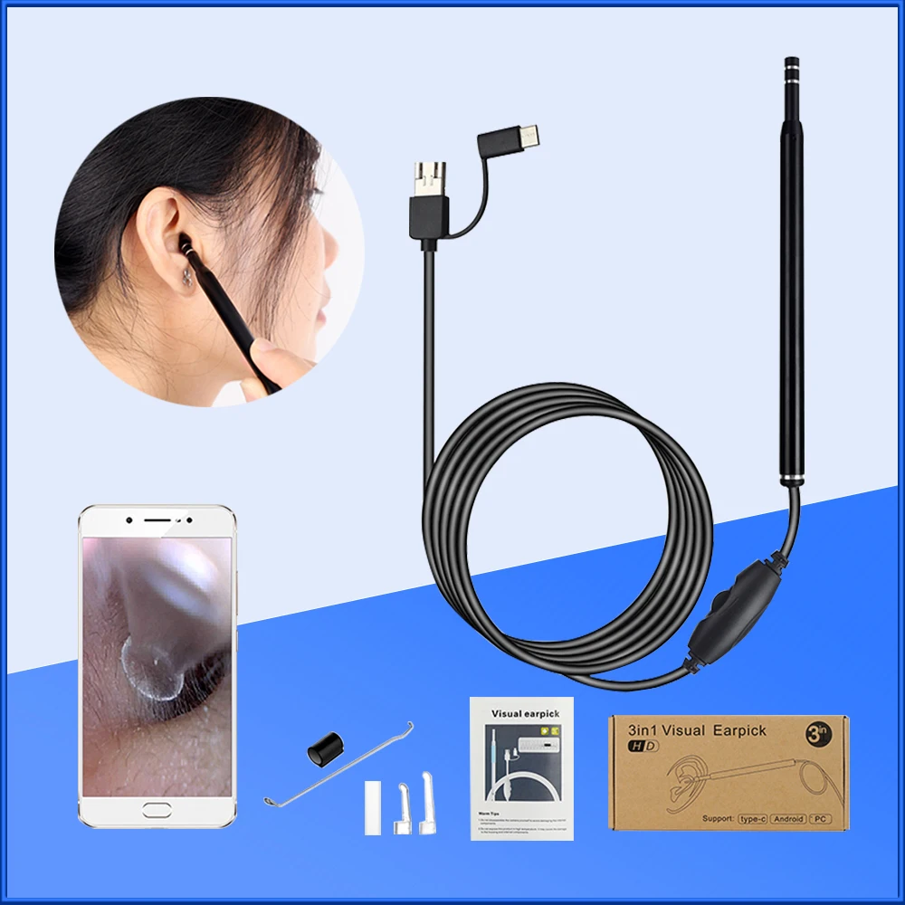 3 in 1 Ear Endoscope Earpick Camera Medical Otoscope Baby Otoscopic Exam USB Smart Visual 6 Lights Ear Scope Tool for Android