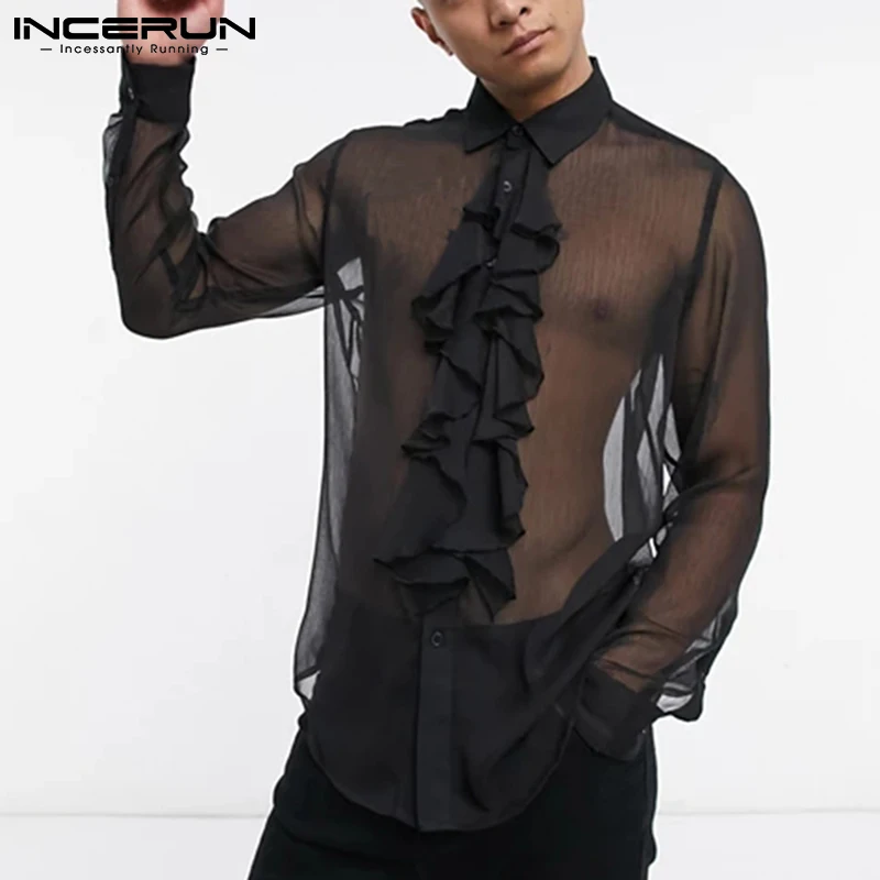 

INCERUN 2021 Men Mesh Shirt See Through Streetwear Lapel Long Sleeve Sexy Tops Ruffled Fashion Party Nightclub Shirts Camisas 7