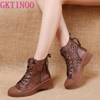 gktinoo summer new womens hollow out ankle boots genuine leather shoes woman low square heel boots ladies zip breathable shoes
