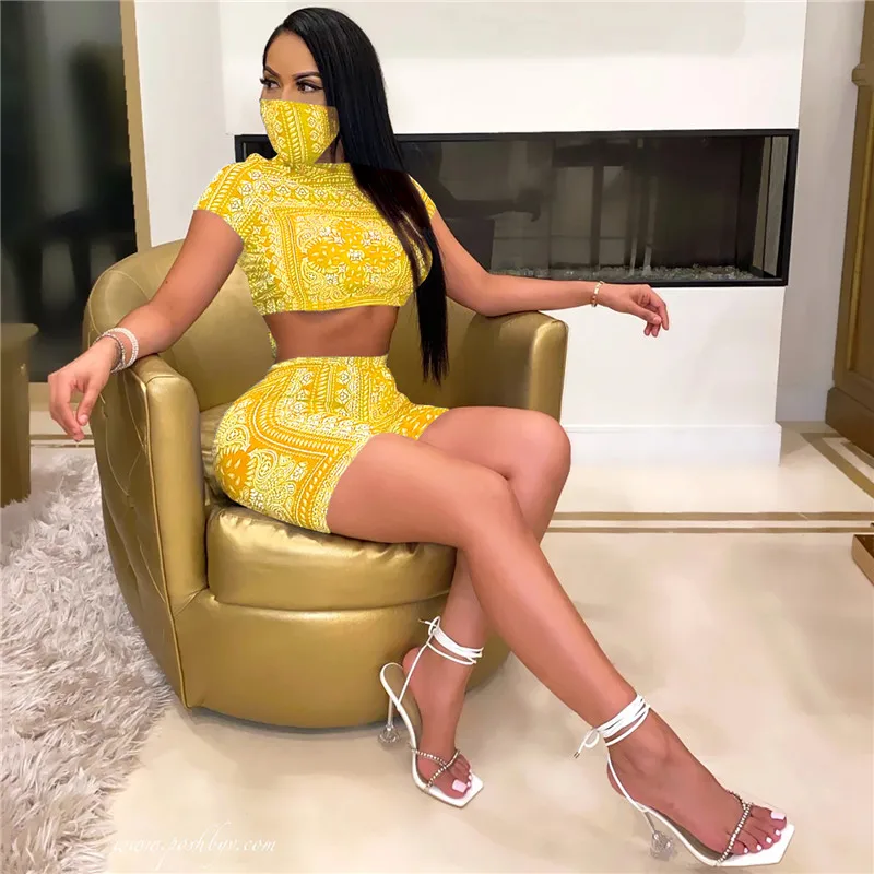 

FIXSYS Bandana Print Two Piece Set Women Casual O Neck Short Sleeve Tie Backless Crop Top Skinny Shorts Tracksuit Sexy Suit