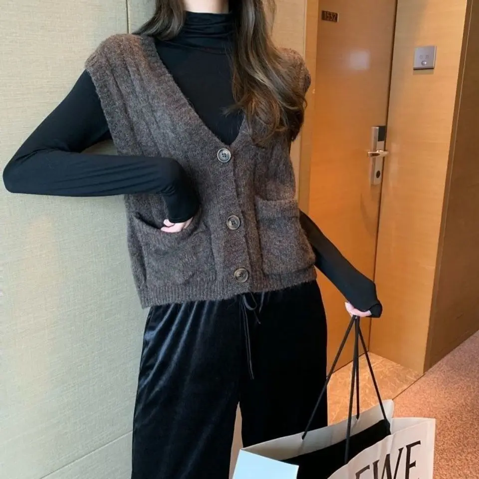 

Knitted Vest Womens V-neck Cardigan Autumn And Winter New Korean Fashion Casual Loose Sweater Vest Solid Color Lady Vest Sweater