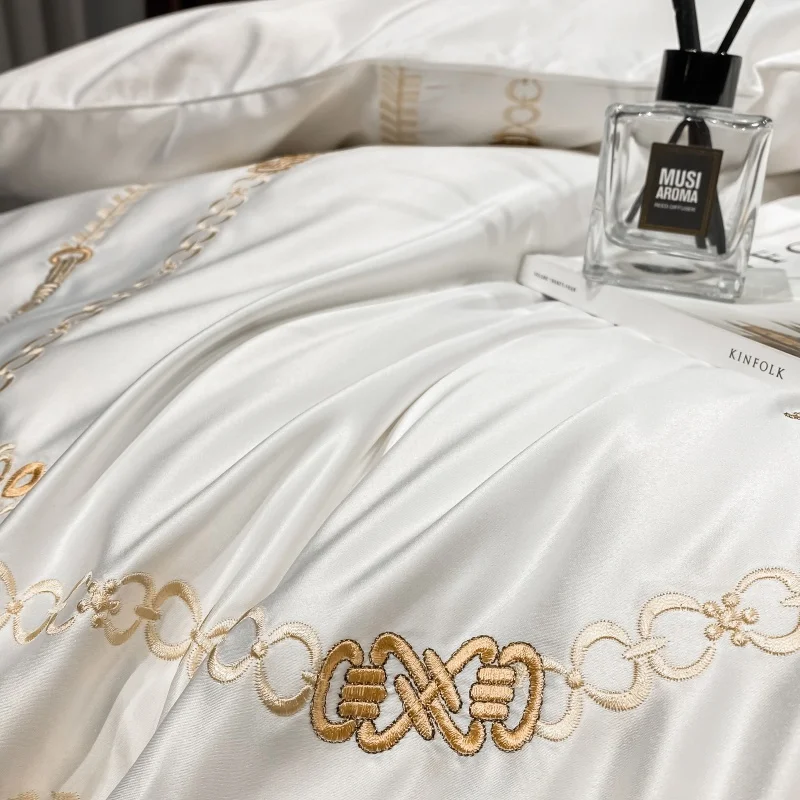 White Satin Washed Silk/Cotton Bedding Set Luxury Palace Gold Embroidery Duvet Cover Flat/Fitted Sheet Pillowcases Home Textiles | Дом и сад