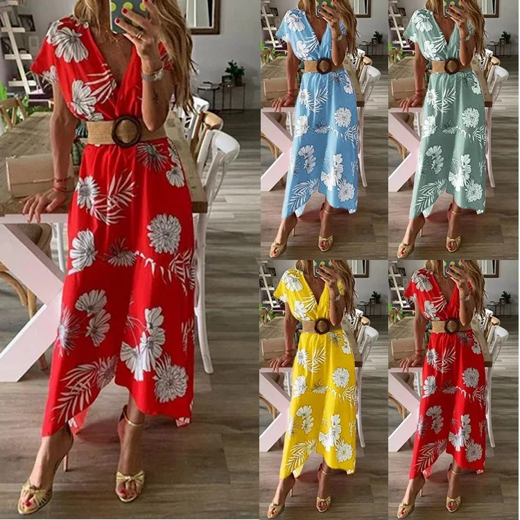 

2021 New Women's Clothing Print V-neck Short-sleeved Mid-length Dress Women Bohemian Dress Buttons Sashes Beach Party Dress