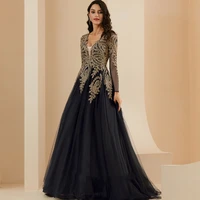 black tulle evening dresses long 2021 a line arabic v neck long sleeve karakou prom party gowns floor length robes de soir%c3%a9e