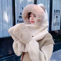 winter new women bomber hats with scarf thick warm windproof earflap caps beige khaki white pink grey beanie hat fluffy sweet