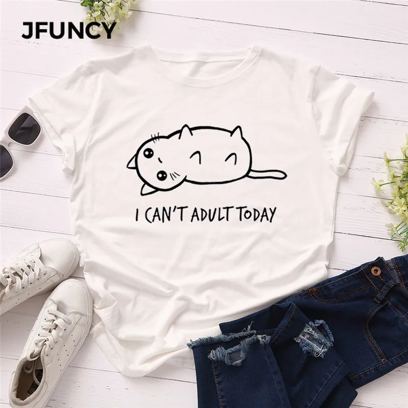 JFUNCY размера плюс S-5XL, милая женская футболка с буквенным принтом кошки, хлопок, круглый вырез, короткий рукав, летняя футболка, топы, Повседневная футболка