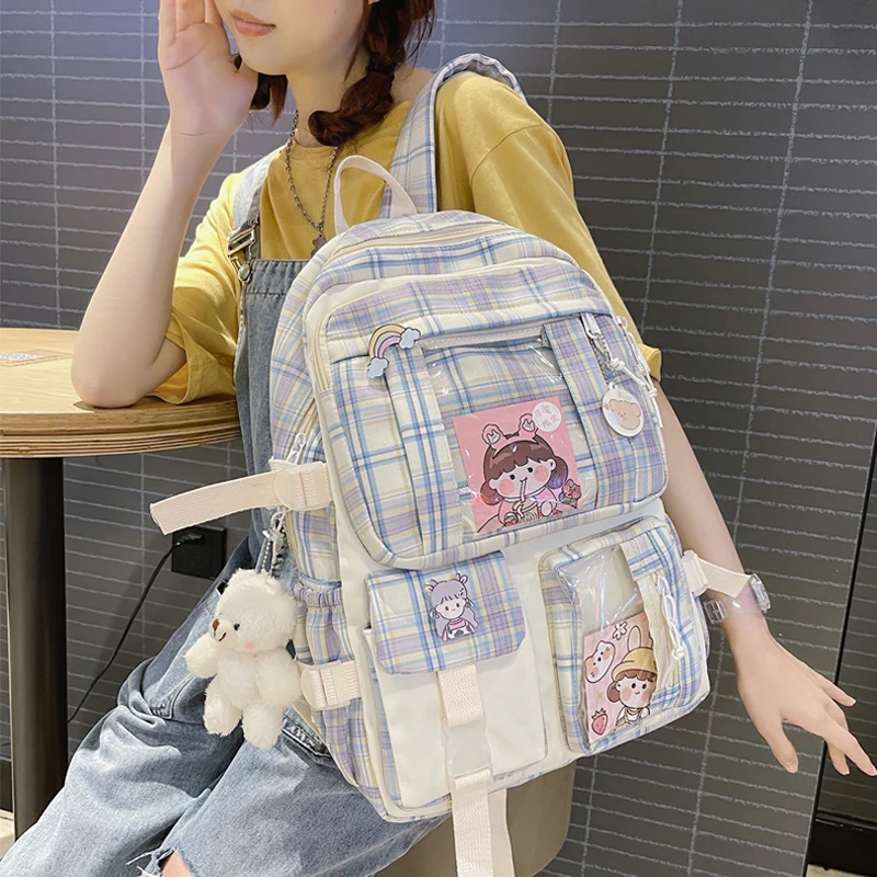 

Новый милый женский рюкзак в клетку, водонепроницаемые сумки ярких цветов для старшей школы для девочек-подростков, студенческие рюкзаки, н...