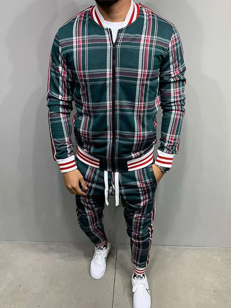 

Autumn Europe United States Cardigan Checkered Coat +Sweatpants Fashion Men's Casual Two-Piece Suit 3D Print Clothing